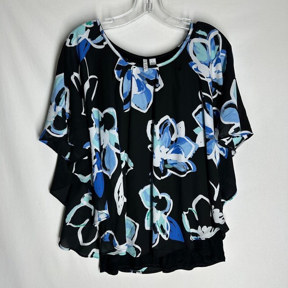 Elle Womens 2 PC Blouse Skirt Set Size L Black Blue Floral Print - Picture 2 of 10